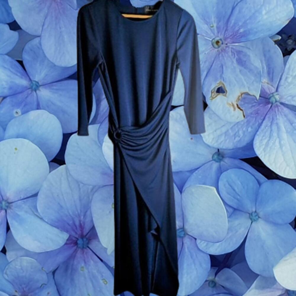 Donna Morgan 4 3/4 sleeve faux wrap blue polyester blend stretch woman's dress